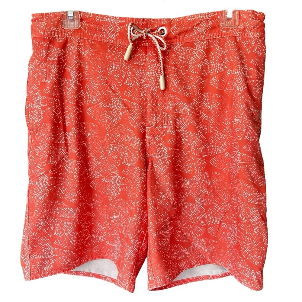 Johnnie-O Men’s Medium Swim Trunks Orange White Coral Sand-dollar Pattern